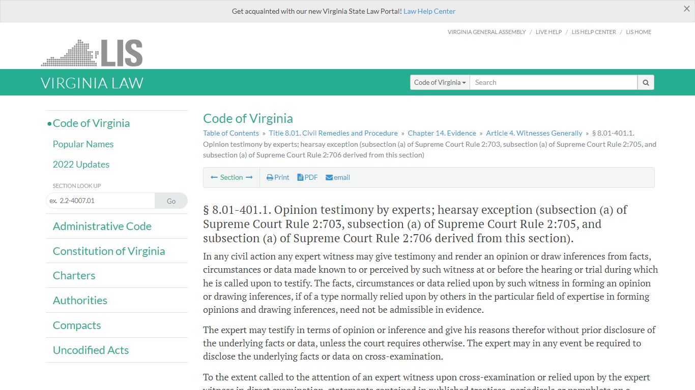 § 8.01-401.1. Opinion testimony by experts; hearsay ... - Virginia